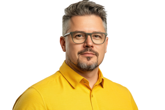 Portrait of a confident man with glasses and beard isolated on transparent background.