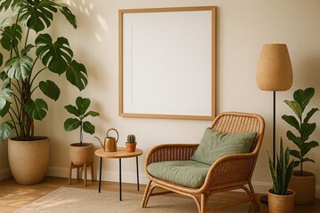 Urban Jungle Interior – Sunlit Living Room Frame Mockup Blank Poster Houseplants & Botanical Decor