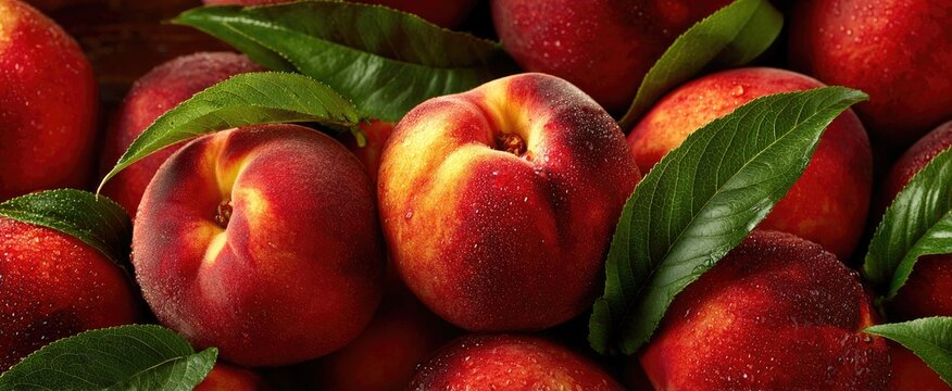 Close-up of many ripe peaches with leaves