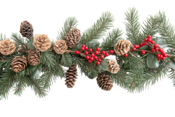 Christmas garland with pine cones and red berries isolated on transparent background. Border of christmas tree branches pine cones flowers and red berries isolated on white background.
