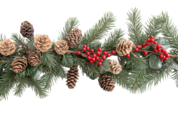 Christmas garland with pine cones and red berries isolated on transparent background. Border of christmas tree branches pine cones flowers and red berries isolated on white background.