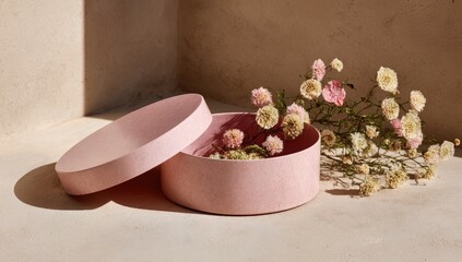Pink round box with dried flowers