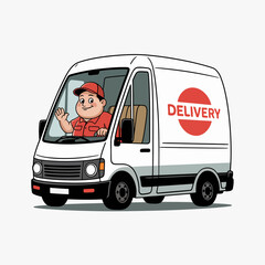 A cheerful delivery driver in a red cap and uniform waves from the driver's seat of a white delivery van with a red circle logo that says "DELIVERY".