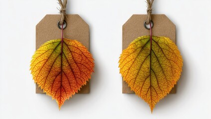 Two rustic brown tags, each holding a vibrant autumn leaf