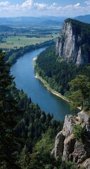 Scenic river winding through forested mountains