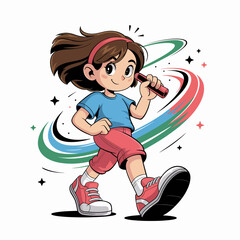 A cheerful girl walking with a marker, full of energy and enthusiasm.