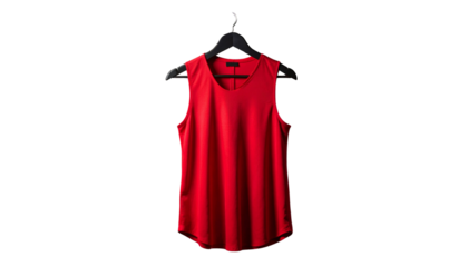 Vibrant scarlet sleeveless shirt elegantly displayed on a minimalist hanger against a stark setting