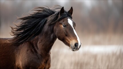 Obraz premium Majestic Brown Horse with Flowing Mane in Natural Setting