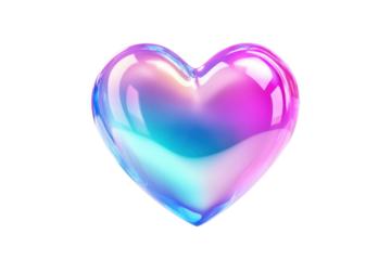 Iridescent heart shape isolated on transparent background. Heart featuring pastel gradient colors in blue pink and purple isolated on white background.