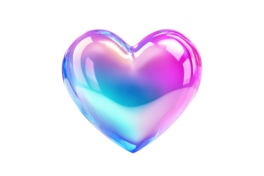 Iridescent heart shape isolated on transparent background. Heart featuring pastel gradient colors in blue pink and purple isolated on white background.