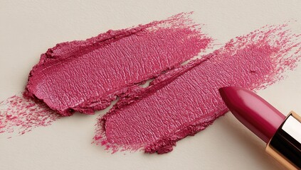 A rich, vibrant pink lipstick smudged and swirled across a pale background.  A lipstick tube is positioned beside the marks