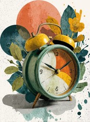 Vintage alarm clock surrounded by abstract foliage and circles