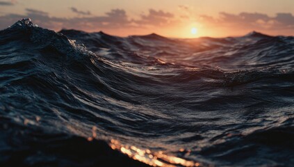 Close-up ocean waves at sunset