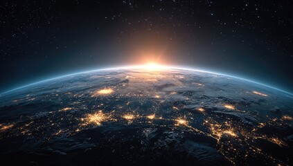 Earth rising, sunrise view from space.  Vast expanse of Earth's surface, continents and cities lit by night.  Sunrise glows at horizon.  Stars visible in dark space