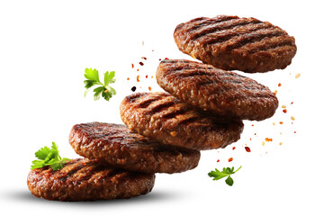 Juicy burger patties isolated on transparent or white background, png