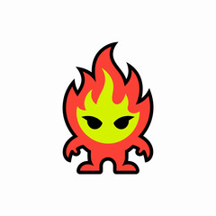 A stylized cartoon character resembling a fiery creature with a red body and yellow flames.