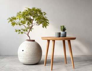 Simple, modern home decor.  A light, airy space with a round, speckled planter and a small, wooden side table.  A potted maple tree and cactus are displayed