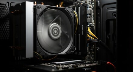Close-up of a Spinning CPU Cooler Fan Inside a Computer Case