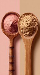 Two wooden spoons holding different colored powders