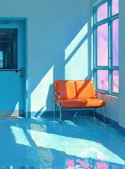 A bright, sunny waiting room with an orange bench