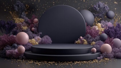 Dark, elegant podium with floral elements