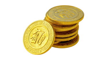 Stack of gold coins isolated on transparent background. Stack of chinese gold coins isolated on white background.