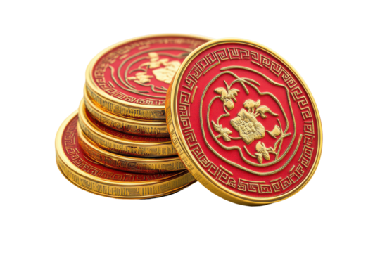 Stack of red and gold ancient coins isolated on transparent background. Stack of chinese gold coins isolated on white background.