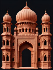 Fototapeta premium Ornate red sandstone Indian fortress with multiple domes and arched entrance isolated on a transparent background