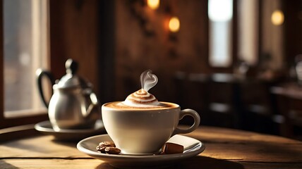 Fototapeta premium Steaming cappuccino with latte art on a rustic wooden table, cozy café vibe, warm light, realistic photography.