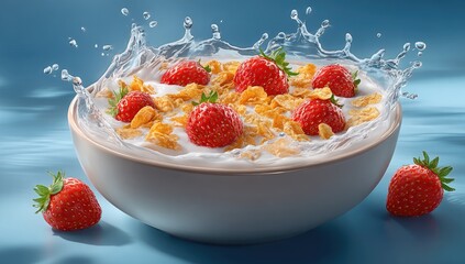 Bowl of cereal with milk, strawberries, and splashes
