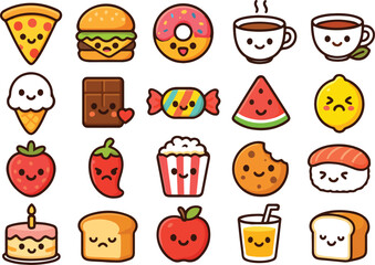 Collection of cute kawaii food characters with happy faces expressing various emotions and flavors