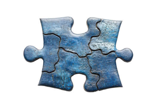 Blue textured puzzle piece isolated on transparent background. Blue textured puzzle piece with a rough surface isolated on white background.