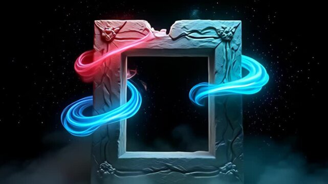 With a slow and deliberate ascent, a Broken stone Border Frame rising with dust and light showcases the artistry of illumination, as cascading colors of ruby and teal intertwine seamlessly,