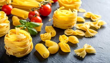 Colorful Variety of Pasta with Cherry Tomatoes and Basil.