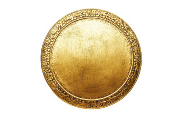 Ornate oval gold medal with intricate border isolated on transparent background. Round gold shield isolated on a white background.