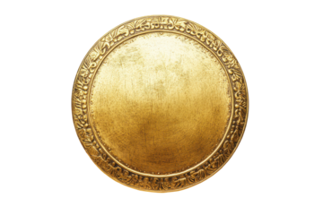 Ornate oval gold medal with intricate border isolated on transparent background. Round gold shield isolated on a white background.