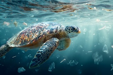 Obraz premium Sea turtle swimming among ocean plastic waste highlighting ocean pollution and environmental crisis. Marine life endangered by human waste. Sea turtle trapped in polluted ocean 