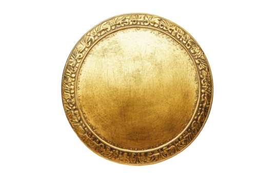Ornate oval gold medal with intricate border isolated on transparent background. Round gold shield isolated on a white background.