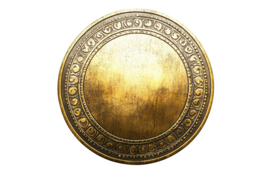 Ornate oval gold medal with intricate border isolated on transparent background. Round gold shield isolated on a white background.