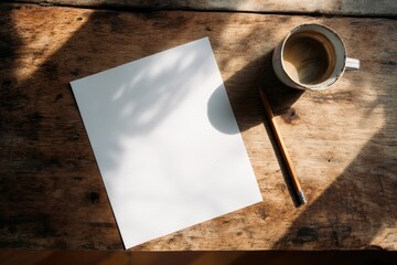 Blank sheet of paper on a wooden table with a cup of coffee