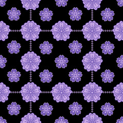 Seamless purple floral cartoon pattern on black background, cute flower tile design, kawaii style surface, girly repeating wallpaper for fabric and decor
