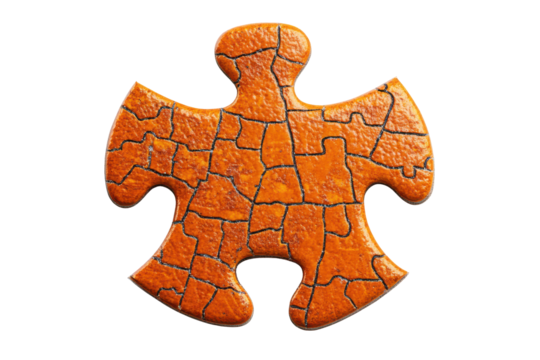 Single orange textured puzzle piece isolated on transparent background. Orange textured puzzle piece with a rough surface isolated on white background.