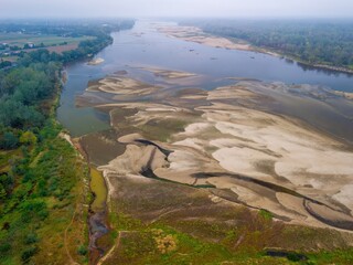 Dried riverbed of the Vistula during record summer drought, historic low water level of the Vistula river in Poland.