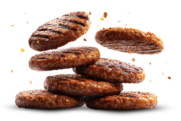 grilled hamburger meat isolated on transparent or white background, png