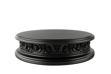Ornate dark circular display stand isolated on transparent background. Black podium isolated on white background.