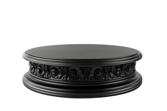 Ornate dark circular display stand isolated on transparent background. Black podium isolated on white background.