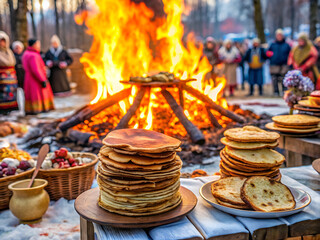 People gather around a large bonfire enjoying pancakes and russian maslenitsa festival festive food outdoors