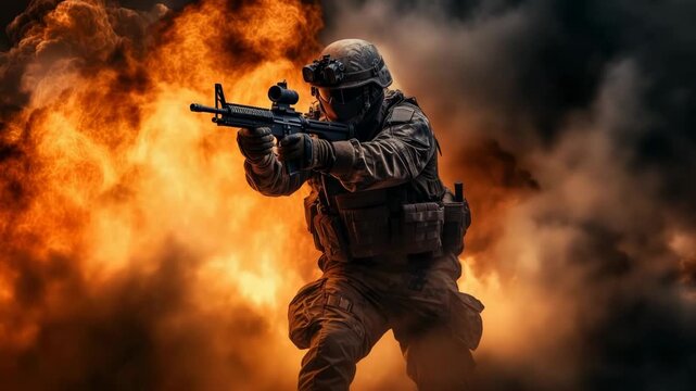 Intense battle action with soldier handling weapon amidst exploding environment