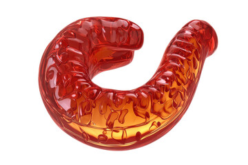 Abstract translucent orange gummy letter g isolated on transparent background.