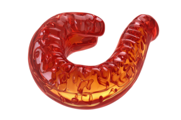 Abstract translucent orange gummy letter g isolated on transparent background.